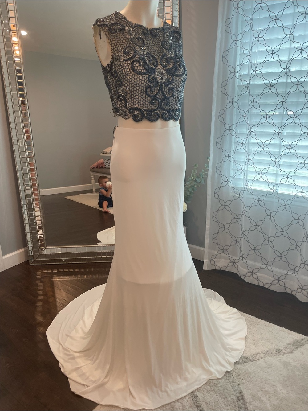 Two-Piece Beaded Crop Top & Ivory Skirt Evening Gown